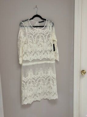 Zara Basic White Lace Sheer Tiered Midi Dress Scalloped NWT L